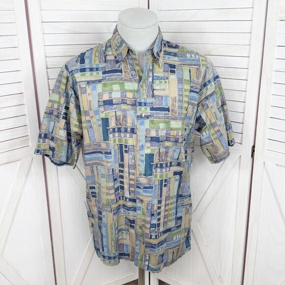 Tori Richard Geometric Print Button Up Camp Hawaiian Shirt Blue Green Tan Medium - Picture 1 of 11